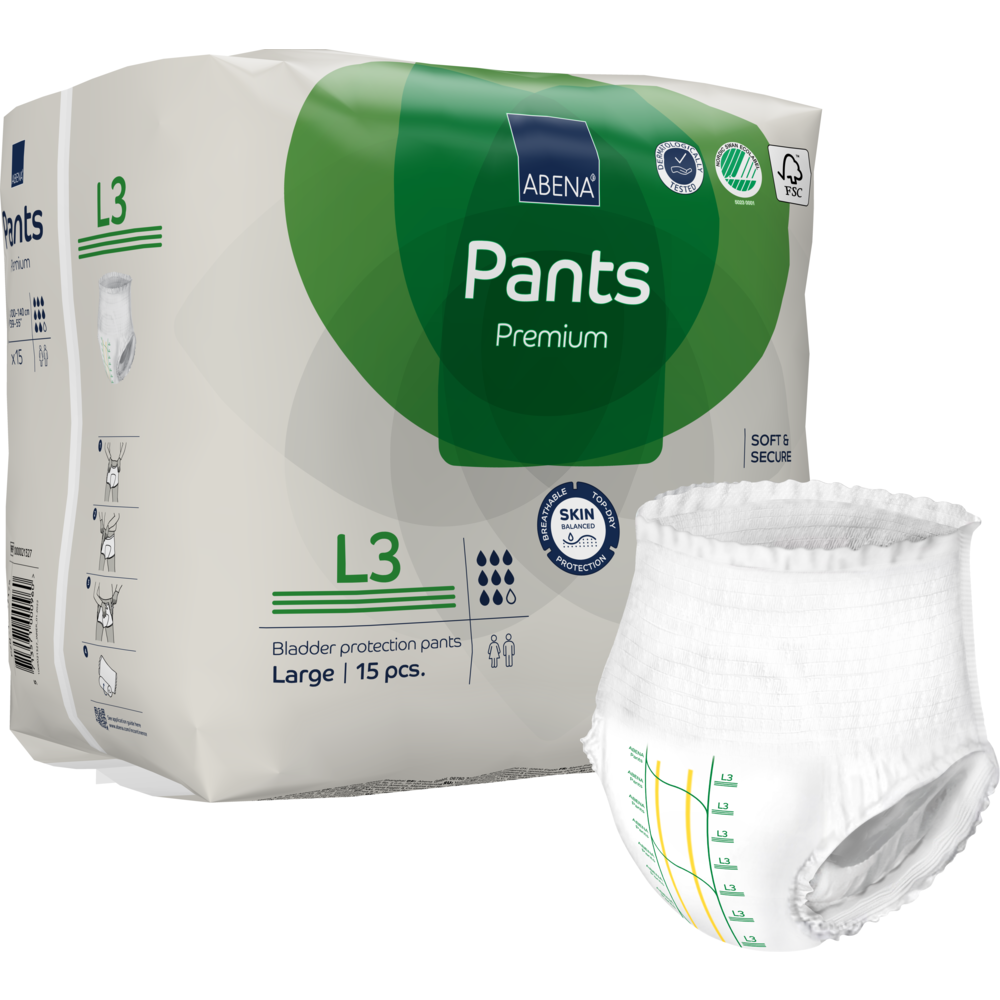 Bukseble, ABENA Pants, L3, hvid, grøn farvekode, Premium